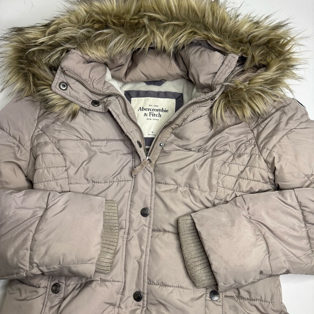 Abercrombie & Fitch muted grey Puffer Coat with Faux Fur Hood
